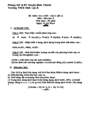 Đề kiểm tra 1 tiết  Lần 2 (đề 1) Môn  Hóa học 9 Thời gian  45 phút